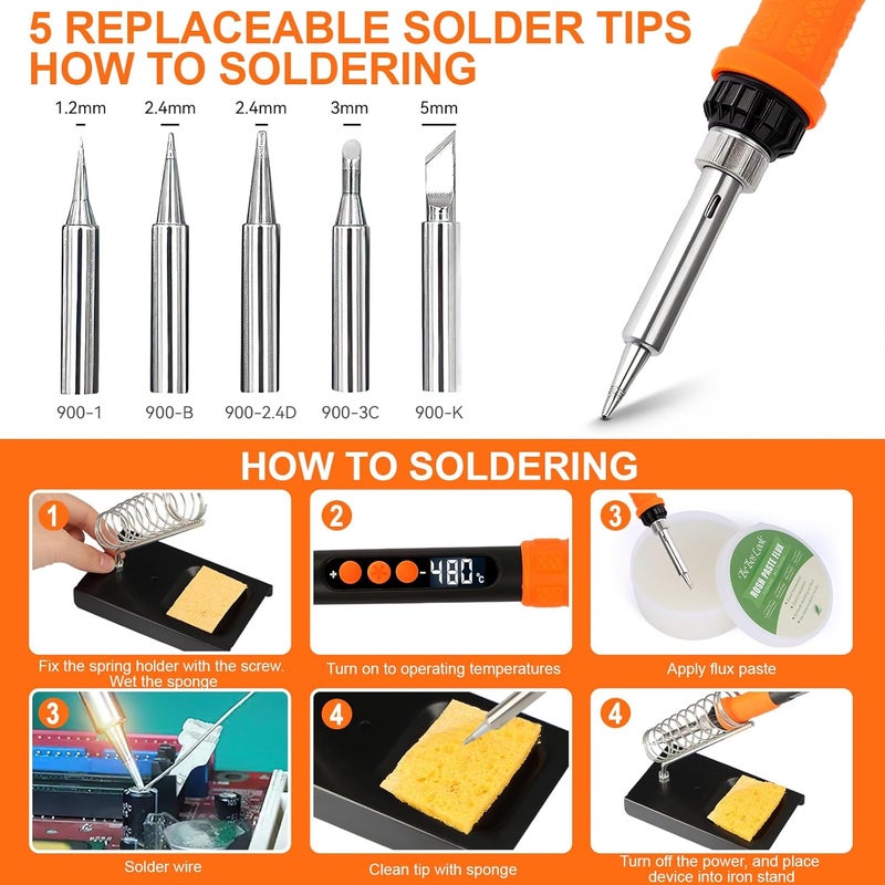 BILIPLE 90W Soldering Iron Heat Set Insert Tool, LED Digital Solder Iron Adjustable Temperature(180°C-480°C) with 250Pcs Threaded Inserts Brass Nuts,Soldering Iron Tips,Heat Set Insert Tips,Desoldering Pump - Image 4